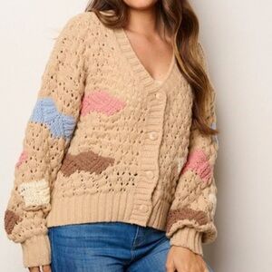 New In Taupe Colorblock Crochet Knit Button Down V neck Sweater Cardigan Size M